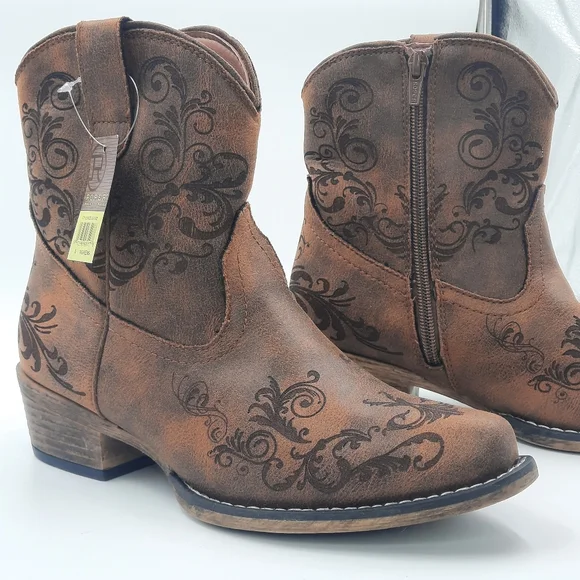 ROPER Vegan Leather Western Boots NWT New Cowgirl Western Cowboy Cognac 6 Design - Picture 11 of 11